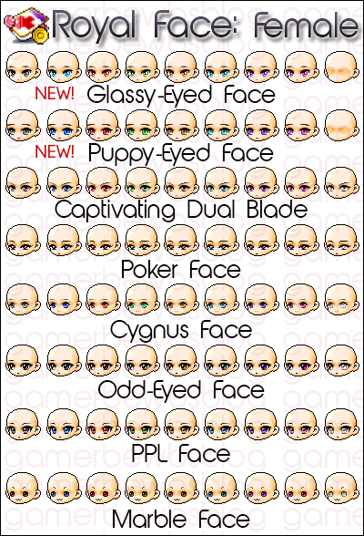 Glassy-Eyed Face, Puppy-Eyed Face, Captivating Dual Blade, Poker Face, Cygnus Face, Odd-Eyed Face, PPL Face, Marble Eyes, royal coupon, royal face, royal face coupon, female royal face, female royal face coupon